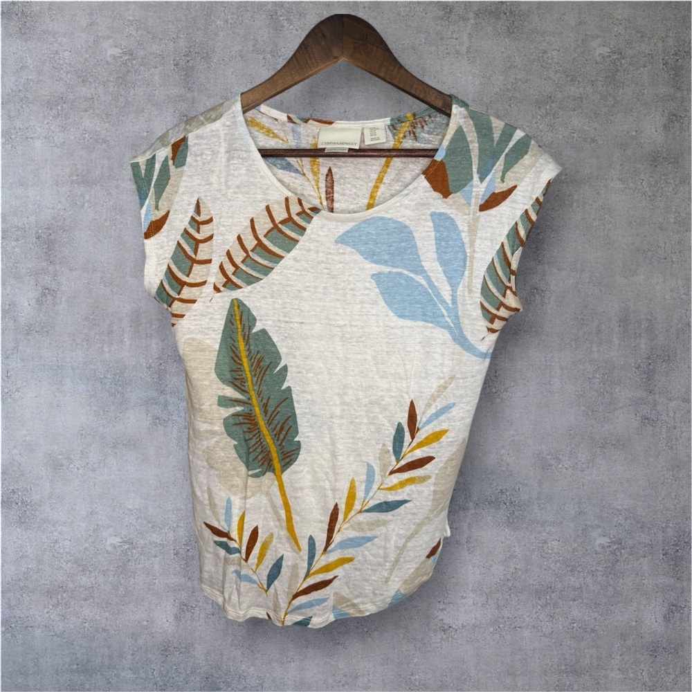 Cynthia Rowley Leaf Print Short Sleeve Top - Cream, Blue, Green, Brown